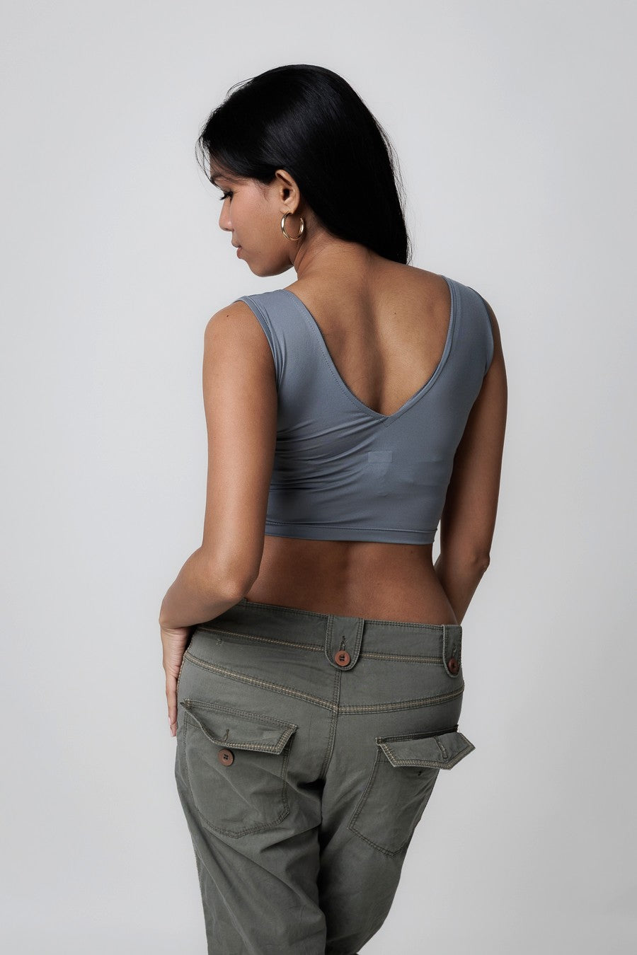 Stretch-Fit V-Neck Tops - Silver Blue
