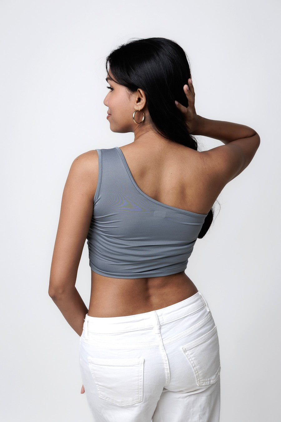 Stretch-Fit One-Shoulder Tops - Silver Blue