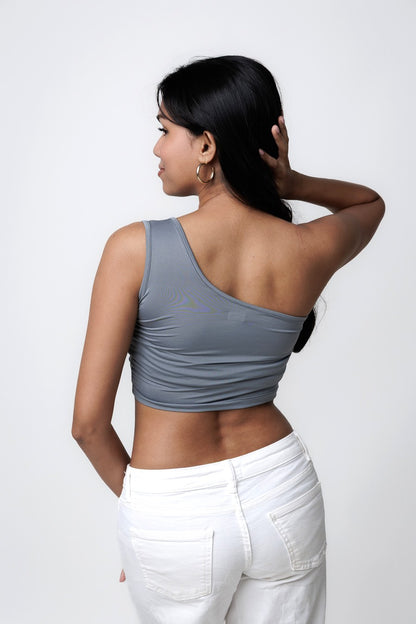 Stretch-Fit One-Shoulder Tops - Silver Blue