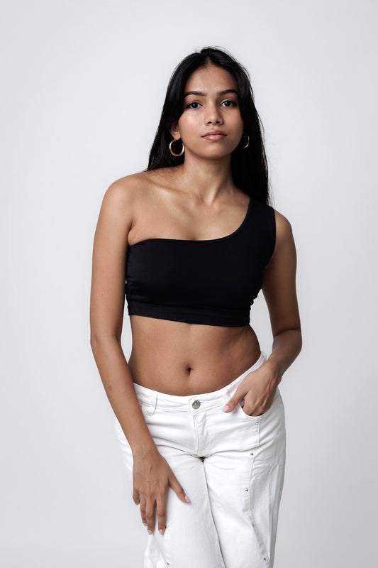 Stretch-Fit One-Shoulder Tops - Classic Black